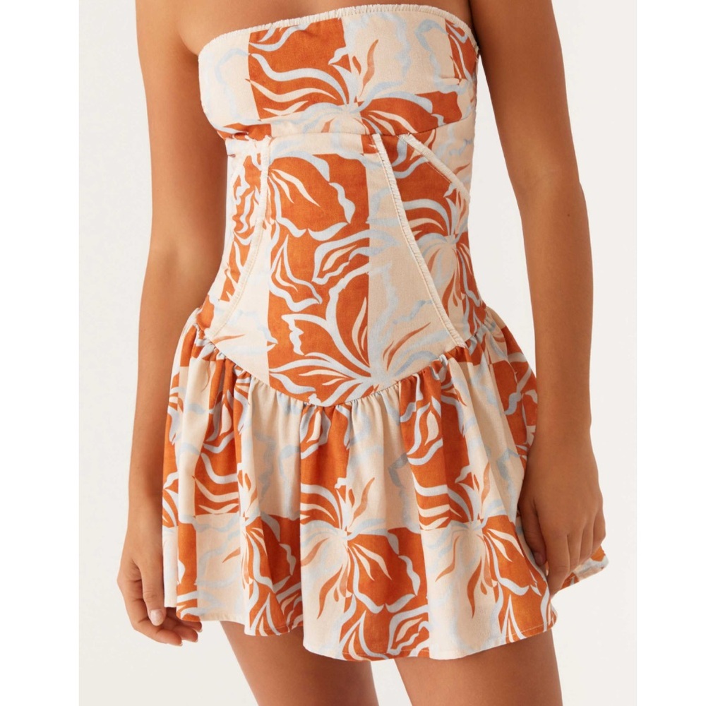 Peppermayo Larnie Linen Mini Dress - Orange Blue Floral | Size 6